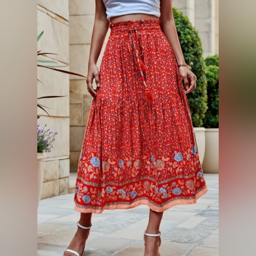 Elegant Red Floral Maxi Skirt 100% VISCOSE